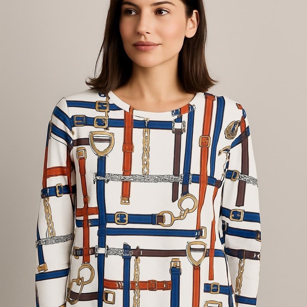 J.McLaughlin Womens Equestrian Belt Chain Print 3/4 Sleeve Top White Blue Small
